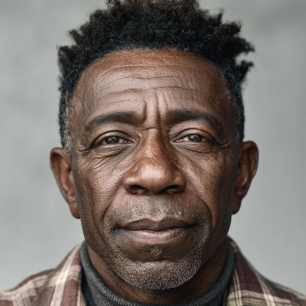 Mature male character: AI-generated older Black man with close-cropped natural hair, grey stubble, expressive eyes, and a plaid jacket — weathered and authentic realism