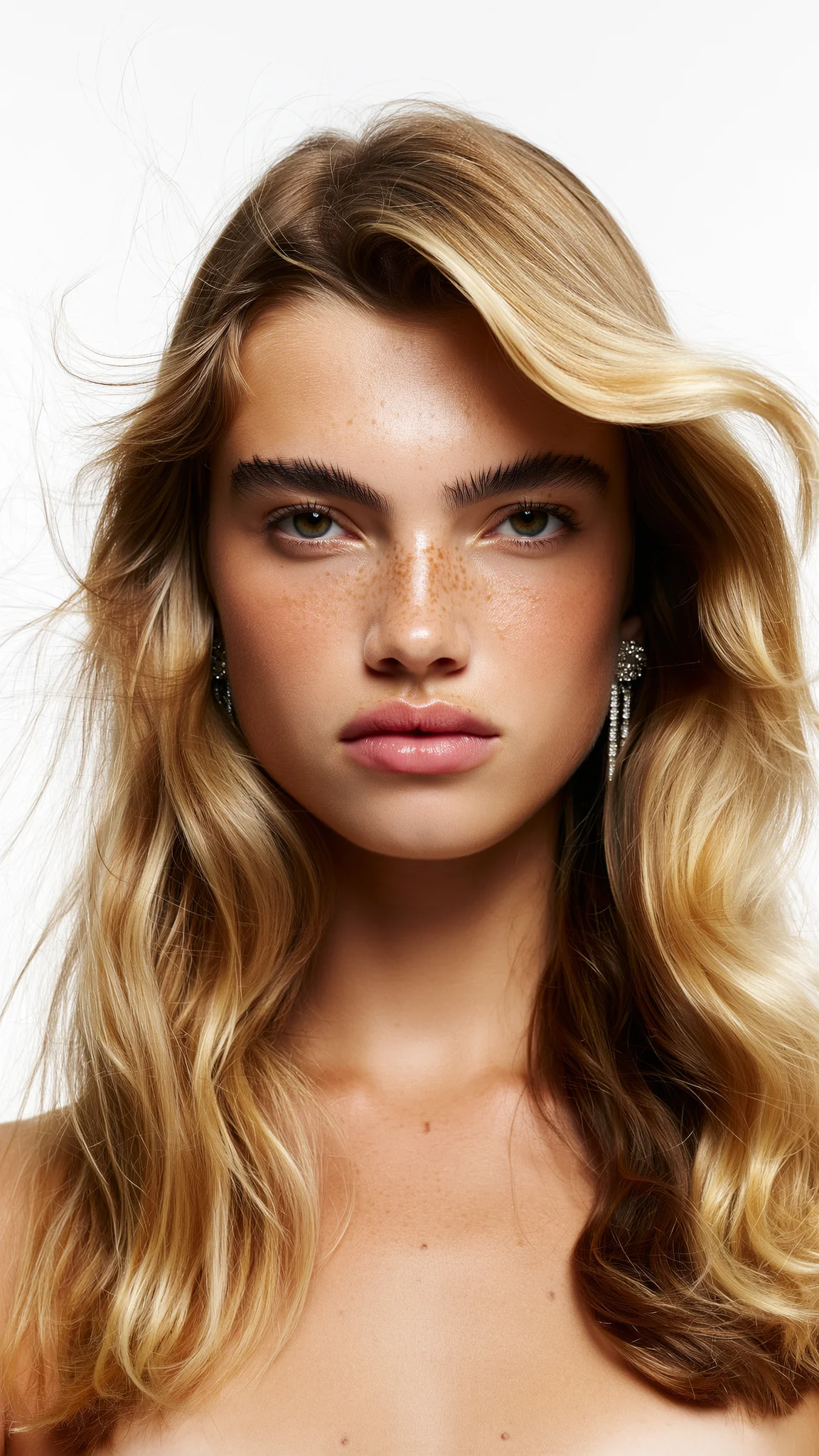 Luxury feminine character: AI-generated young woman with voluminous honey-blonde waves, freckled skin, statement earrings, and a sun-lit beauty editorial look