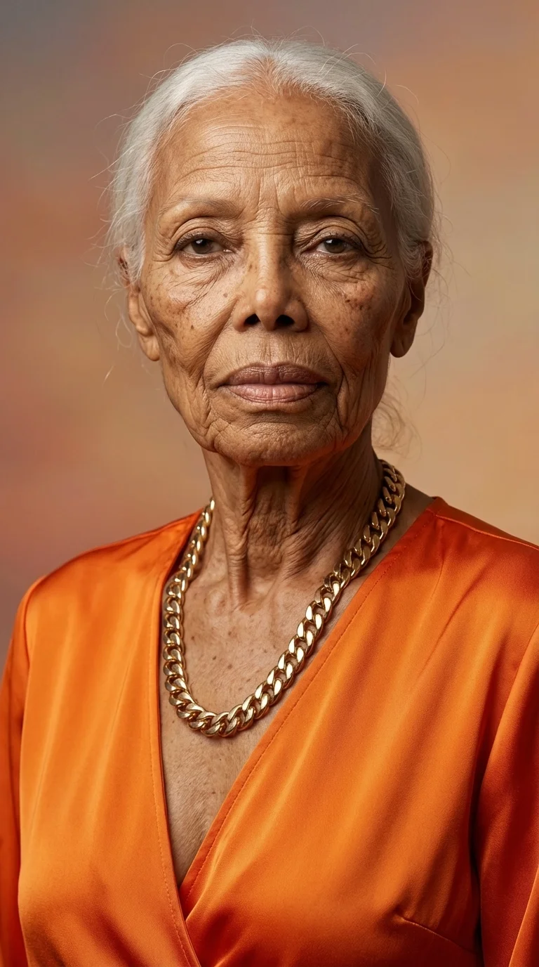 Mature elegance character: AI-generated older woman of South Asian descent with silver hair, a gold chain necklace, and an orange silk wrap — dignified and warm