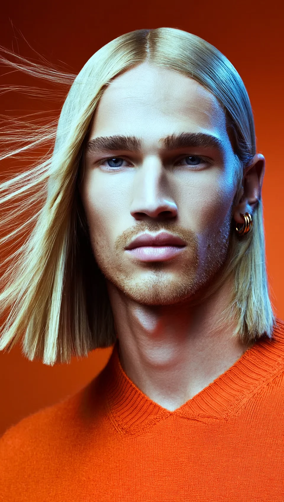 Editorial male character: AI-generated young white man with long windswept blonde hair, hoop earring, and an orange ribbed sweater against a vivid orange background