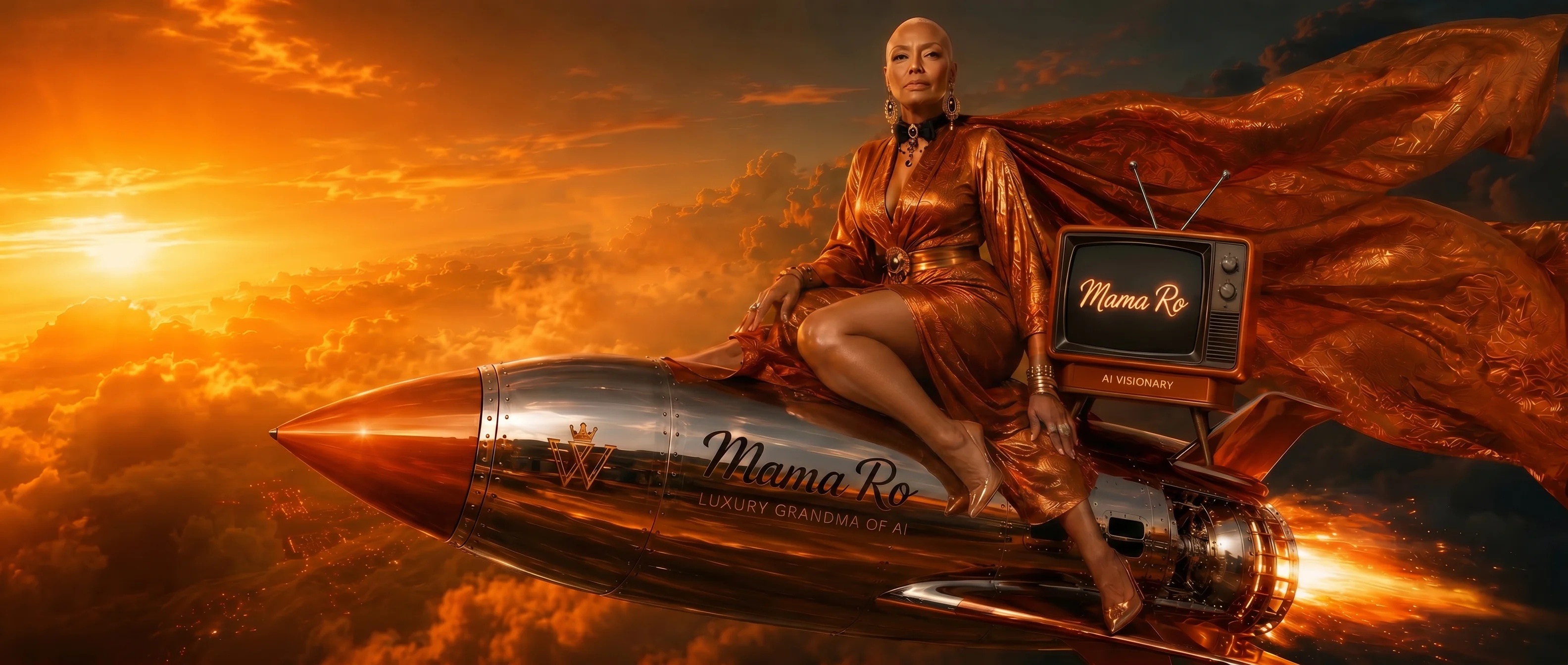 Mama Ro, brand director of Double You AI Syndicate, seated on a chrome rocket soaring through dramatic orange clouds — cinematic luxury-tech brand imagery